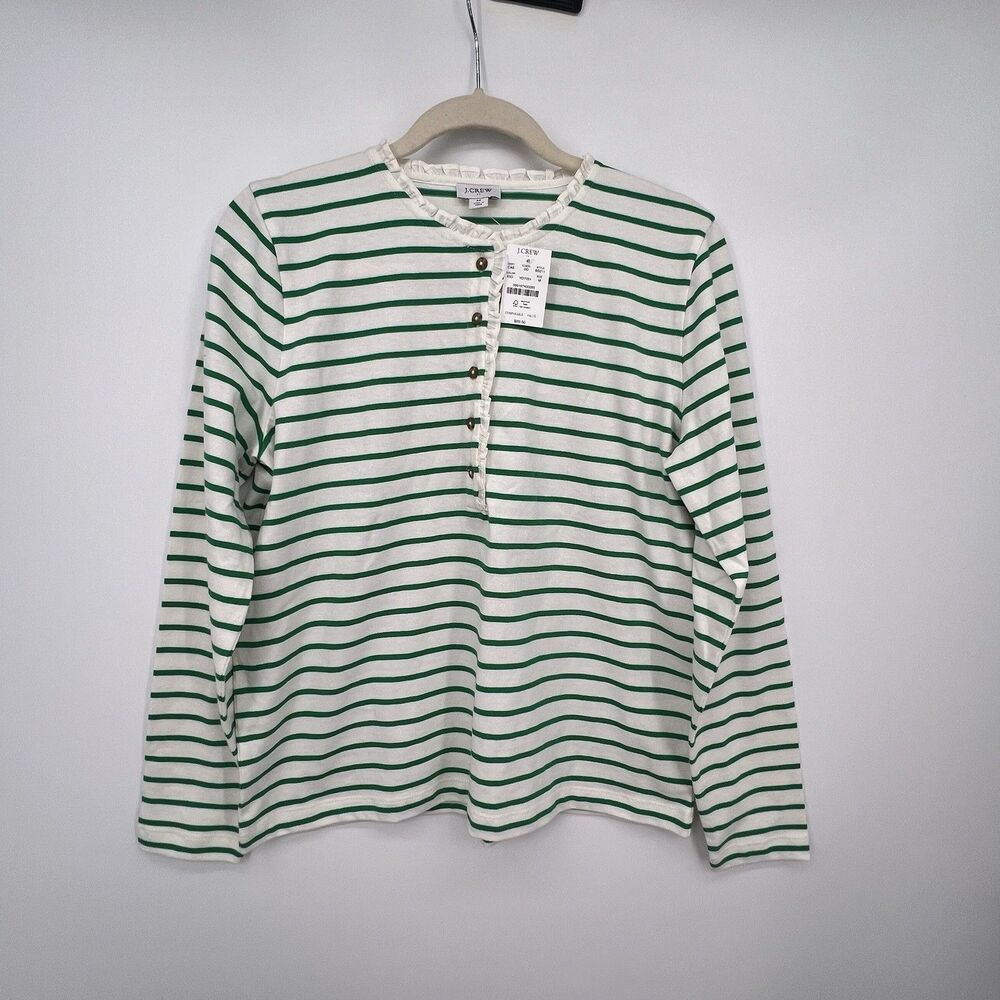 J Crew Striped Henley Top Ruffle Neck Button Size M Green Preppy Feminine NWT